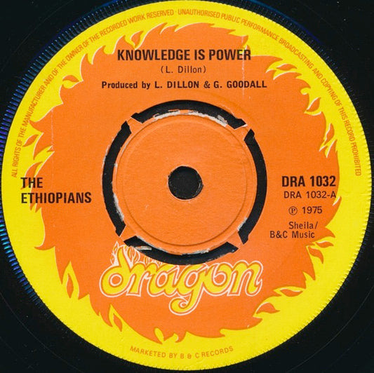 Image of Front Cover of 7" - /G+ - THE ETHIOPIANS, Knowledge Is Power (Dragon; DRA 1032, UK 1975, 4-Prong Centre), Lots of light marks, plays above grade. Centre intact, SWOL.,  - 4016420C