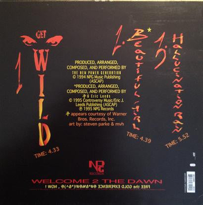 Image of Back Cover of 12" - VG/VG+ - THE NPG, Get Wild - The Single (NPG Records; 0061040NPG / NPG 6104-0, Europe 1995, Picture Sleeve), Record slightly dished. Sleeve has sticker ghost on front, scuffs and wear, a creased corner,  - 4016415C
