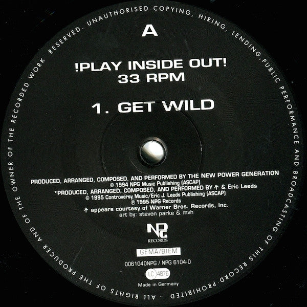 Image of Label Cover of 12" - VG/VG+ - THE NPG, Get Wild - The Single (NPG Records; 0061040NPG / NPG 6104-0, Europe 1995, Picture Sleeve), Record slightly dished. Sleeve has sticker ghost on front, scuffs and wear, a creased corner,  - 4016415C