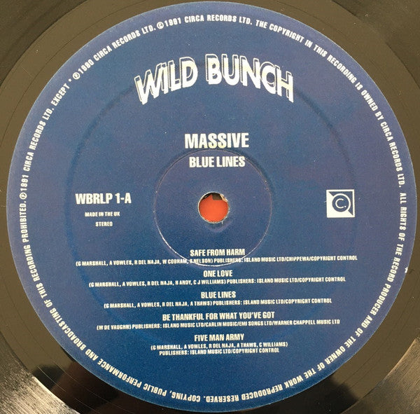 Image of Label Cover of LP - VG/G - MASSIVE ATTACK, Blue Lines (Wild Bunch Records; WBRLP 1, Europe 1991, Inner with die-cut indentation, Massive Attack on sleeve, Massive on label, Made in the UK on label), couple of feelable scratches, plus light scratches & scuffs, No Printed in the EU barcode sticker over barcode, edge wear,  - 4046206S