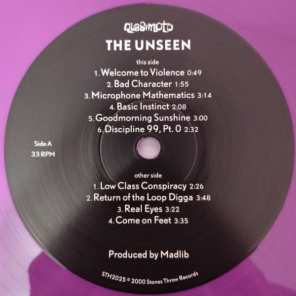 Image of Label Cover of 2xLP - VG+/VG - QUASIMOTO, The Unseen (Stones Throw Records; STH2025, US 2021 Reissue, Pink & Purple Vinyl), Shrink-wrap,  - 4016438C