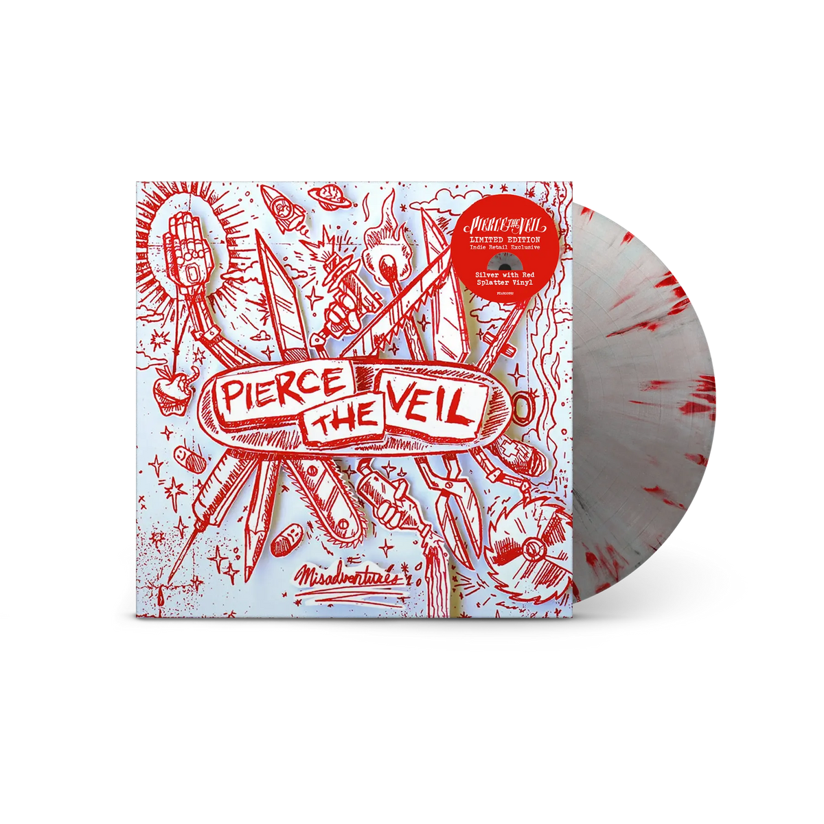 Image of Front Cover of LP - NEW/NEW - PIERCE THE VEIL, Misadventures (10th Anniversary) (Concord; FEAR05491, UK 2026, Indie Exclusive Red and Silver Vinyl), , 10th anniversary edition of Pierce The Veil's fourth album, originally released in 2016 through Fearless Records. The album reached No. 4 on the Billboard 200 and includes 'The Divine Zero' and 'Texas Is Forever'. - 9417325C