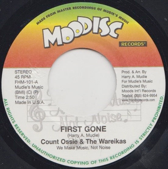 Image of Front Cover of 7" - /EX - COUNT OSSIE & THE WAREIKAS, First Gone / Going Home To Zion Land (Moodisc Records; FHM-101, US 	), ,  - 4016454C