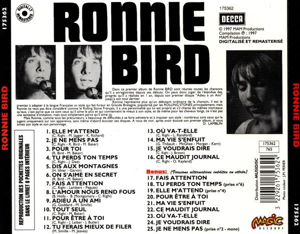 Image of Back Cover of CD - VG+/VG+ - RONNIE BIRD, Ronnie Bird (Decca; 175362, France 1997 Reissue, Jewel Case), ,  - 4016275C