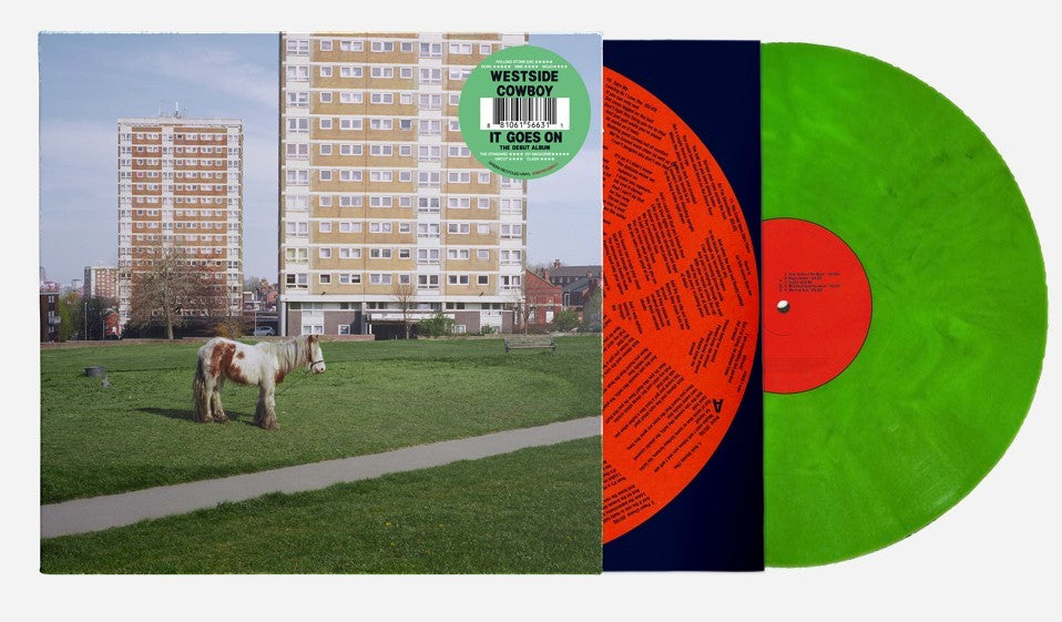 Image of Front Cover of LP - NEW/NEW - WESTSIDE COWBOY, It Goes On (Island; 6156631, UK 2026, Printed Inner, Indies Exclusive 140g Green Recycled Vinyl), , It Goes On is the debut album from Manchester four-piece Westside Cowboy, produced by Loren Humphrey. This indie-exclusive edition is pressed on limited 140g green recycled vinyl and comes in a printed jacket with a printed inner sleeve. As recycled vinyl is used, the exact colour and finish may vary between copies. - 9417368C