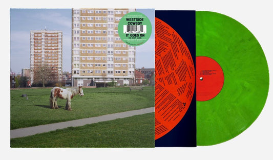 Image of Front Cover of LP - NEW/NEW - WESTSIDE COWBOY, It Goes On (Island; 6156631, UK 2026, Printed Inner, Indies Exclusive 140g Green Recycled Vinyl), , It Goes On is the debut album from Manchester four-piece Westside Cowboy, produced by Loren Humphrey. This indie-exclusive edition is pressed on limited 140g green recycled vinyl and comes in a printed jacket with a printed inner sleeve. As recycled vinyl is used, the exact colour and finish may vary between copies. - 9417368C