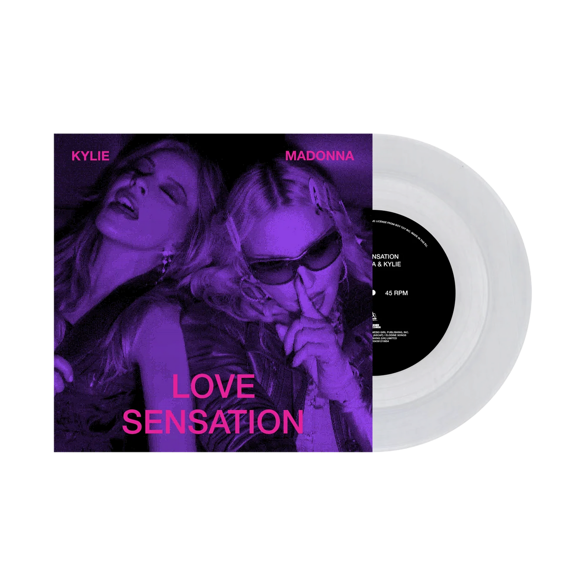 Image of Front Cover of 7" - NEW/NEW - MADONNA & KYLIE, Love Sensation (Afterhours Mix) (Warner Records; 0054391210654, UK 2026, Limited Edition Clear Transparent Vinyl), , Limited clear transparent 7-inch vinyl single from Madonna & Kylie, featuring 'Love Sensation (Afterhours Mix)' and 'Love Sensation (Afterhours Radio Edit)' in a colour picture sleeve. - 9417393C