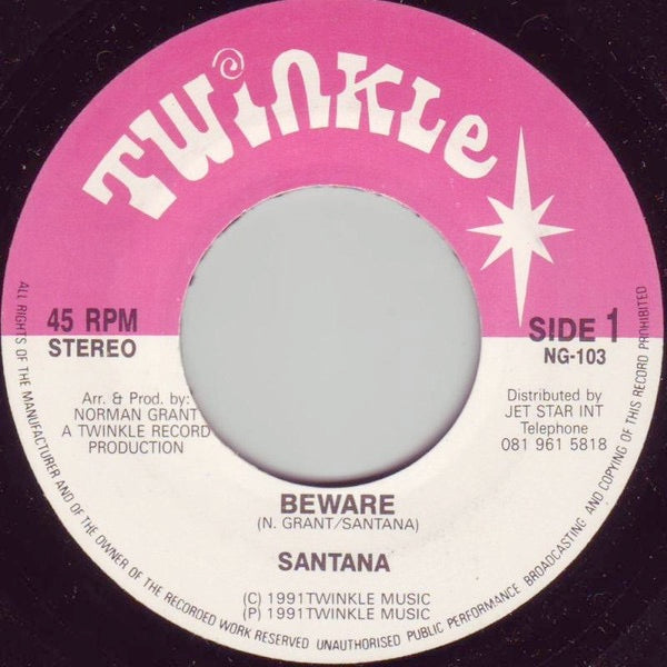 Image of Front Cover of 7" - /VG+ - SANTANA, Beware (Twinkle Music; NG 103, UK 1991), Shiny EX copy, clean labels.,  - 4016468C