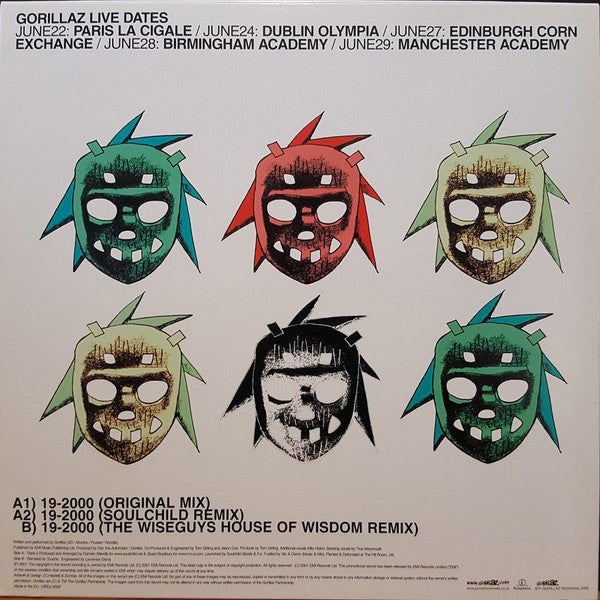 Image of Back Cover of 12" - VG/G+ - GORILLAZ, 19/2000 (Parlophone; 10RDJ 6559, UK 2001, Promo, Picture Sleeve), , A1. 19/2000 (Original Mix)A2. 19/2000 (Soulchild Remix)B1. 19/2000 (The Wiseguys House Of Wisdom Remix) - 4016433C