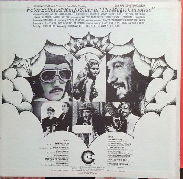 Image of Back Cover of LP - VG/VG+ - PETER SELLERS & RINGO STARR, The Magic Christian (Original Sound Track) (Commonwealth United Records; CU 6004, US 1970, Pasteback Sleeve), Storage marks. Writing on back of sleeve, tear to spine, corner crease and wear,  - 4026351E