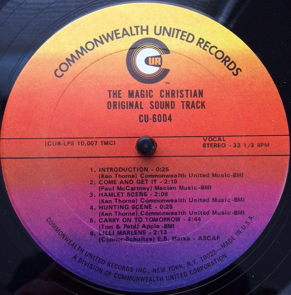 Image of Label Cover of LP - VG/VG+ - PETER SELLERS & RINGO STARR, The Magic Christian (Original Sound Track) (Commonwealth United Records; CU 6004, US 1970, Pasteback Sleeve), Storage marks. Writing on back of sleeve, tear to spine, corner crease and wear,  - 4026351E