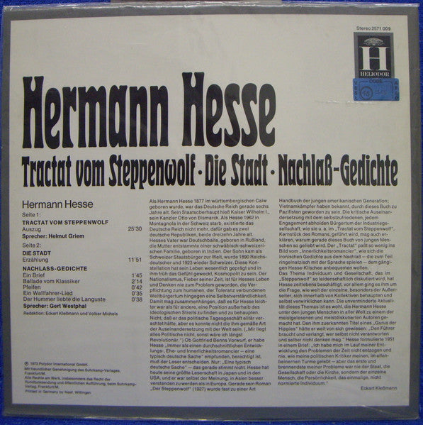 Image of Back Cover of LP - VG/VG - HERMANN HESSE, HELMUT GRIEM, GERT WESTPHAL, Tractat Vom Steppenwolf (Heliodor Bibliothek; 2571 009, Germany 1973, Laminated Sleeve), Strong VG, hairlines. Light edge wear, laminate creasing, small seam splitting to bottom right corner.,  - 4026352E
