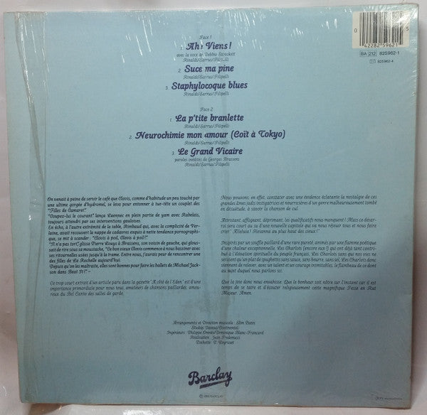 Image of Back Cover of LP - VG/VG - LES CHARLOTS, Fesse En Rut Majeur (Barclay; 825 962-1, France 1985, Die Cut Inner), Mottling, paper scuffs and hairlines all over disc. Strong VG sleeve. Still in stickered shrinkwrap, inner intact, light stain to left corner, wear to opening edge.,  - 4026353E