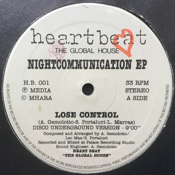 Image of Front Cover of 2x12" - VG/G - NIGHT COMMUNICATION, Night Communication EP (Heartbeat; HB 001, Italy 1992, Stickered Plain Sleeve), Lots of light hairlines & scuffs. Plays much better than it looks.,  - 4026259E