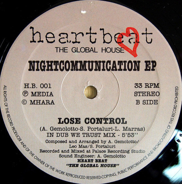 Image of Back Cover of 2x12" - VG/G - NIGHT COMMUNICATION, Night Communication EP (Heartbeat; HB 001, Italy 1992, Stickered Plain Sleeve), Lots of light hairlines & scuffs. Plays much better than it looks.,  - 4026259E