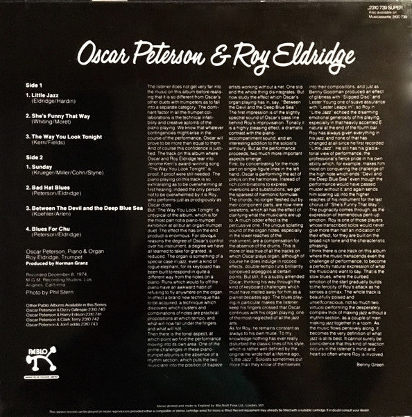 Image of Back Cover of LP - VG+/VG+ - OSCAR PETERSON & ROY ELDRIDGE, Oscar Peterson & Roy Eldridge (Pablo Records; 2310 739, UK 1975), ,  - 4026291E