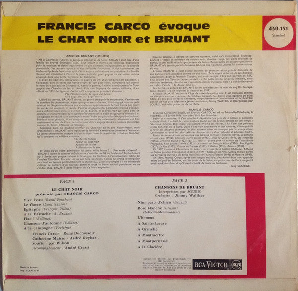 Image of Back Cover of LP - VG/VG - CARCO, SOURIS, Francis Carco Evoque Le Chat Noir Et Bruant (RCA Victor; 430.131, France 1963, Laminated Flipback Sleeve), Hairlines and paper scuffs. Corner and ring wear, laminate creasing. ,  - 4026355E