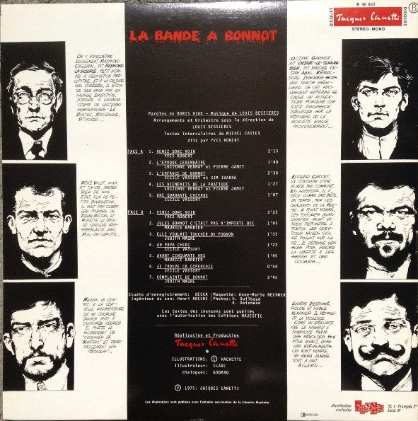 Image of Back Cover of LP - VG/VG+ - BORIS VIAN, LOUIS BESSI RES, La Bande   Bonnot (Douze Chansons) (Disques Jacques Canetti; 48 863, France 1975, Tip On Gatefold With Attached Booklet), Light marks only. WOL. WOS. Edge and ring wear. Seam split to bottom edge, discolouration, sleeve indents, booklet intact.,  - 4026356E