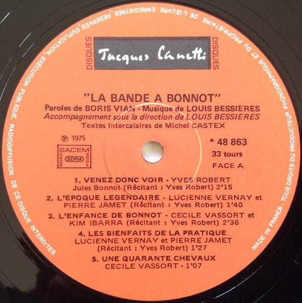 Image of Label Cover of LP - VG/VG+ - BORIS VIAN, LOUIS BESSI RES, La Bande   Bonnot (Douze Chansons) (Disques Jacques Canetti; 48 863, France 1975, Tip On Gatefold With Attached Booklet), Light marks only. WOL. WOS. Edge and ring wear. Seam split to bottom edge, discolouration, sleeve indents, booklet intact.,  - 4026356E