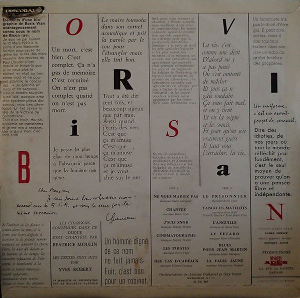 Image of Back Cover of LP - VG/VG - BORIS VIAN PAR B ATRICE MOULIN ET YVES ROBERT, Pas Avec Le Dos De La Q.I.R (Disques Ad s; 33 VS 587, France 1964, Laminated Flipback Sleeve), Hairlines, mottling. Tear on back of sleeve, corner wear, creasing. ,  - 4026357E