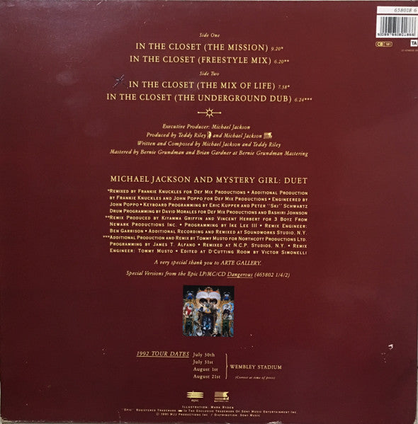 Image of Back Cover of 12" - VG/VG - MICHAEL JACKSON, In The Closet (Mixes Behind Door #2) (Epic; 658018 6, UK 1992, Picture Sleeve), Creased corner on sleeve; light liquid staining on front,  - 4016492C