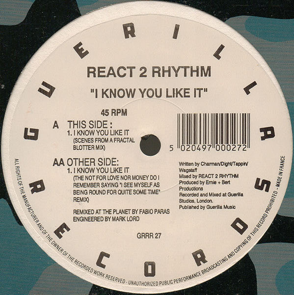Image of Front Cover of 12" - VG/VG - REACT 2 RHYTHM, I Know You Like It (Guerilla; GRRR 27, UK 1992, Company Sleeve), original company sleeve. light marks only,  - 3946041S