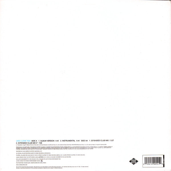 Image of Back Cover of 12" - VG+/VG+ - JUSTIN TIMBERLAKE, Like I Love You (Jive; 01241-40054-1, US 2002, Picture Sleeve), ,  - 4016477C