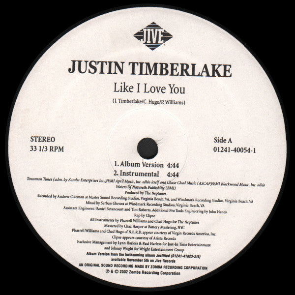 Image of Label Cover of 12" - VG+/VG+ - JUSTIN TIMBERLAKE, Like I Love You (Jive; 01241-40054-1, US 2002, Picture Sleeve), ,  - 4016477C