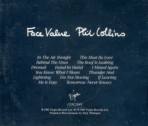 Image of Back Cover of CD - VG/VG - PHIL COLLINS, Face Value (Virgin; CDV 2185, UK 1983 Reissue, Jewel Case), ,  - 4036048E