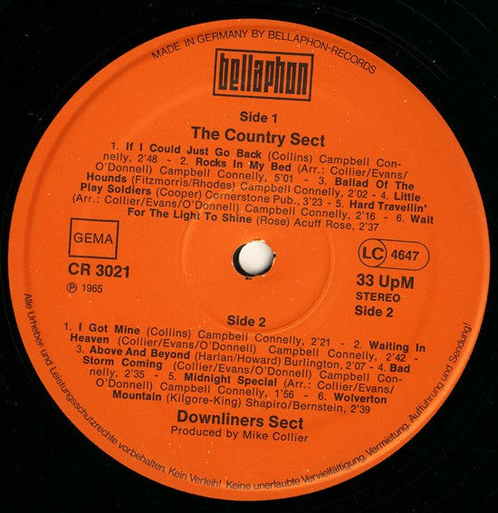 Image of Label Cover of LP - VG+/VG+ - DOWNLINERS SECT, The Country Sect (Charly Records; CR 3021, Germany Reissue), ,  - 4046245S