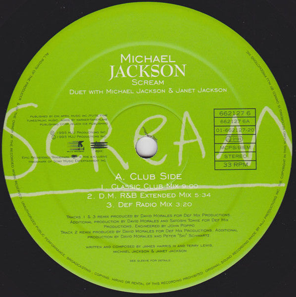 Image of Label Cover of 12" - VG/VG - MICHAEL JACKSON, Scream (The Remixes) (Epic; 662127 6, UK 1995), A number of light marks. Sleeve has hype sticker and sticker ghost on front,  - 4016504C