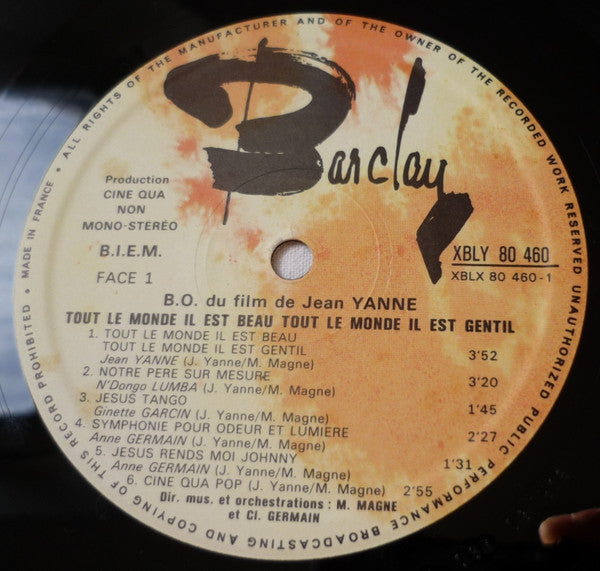 Image of Label Cover of LP - VG/VG+ - JEAN YANNE, MICHEL MAGNE, Tout Le Monde Il Est Beau, Tout Le Monde Il Est Gentil (Bande Originale Du Film) (Barclay; 80.460, France 1972, Laminated Sleeve), Light marks only. Laminate creasing, WOS, light ring wear,,  - 4026378E