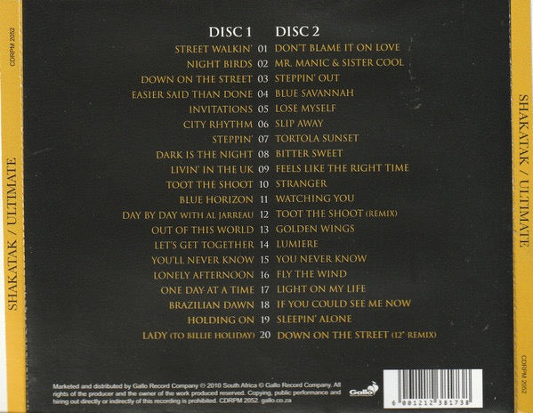 Image of Back Cover of CD - VG+/VG+ - SHAKATAK, Ultimate Shakatak (Gallo Record Company; CDRPM 2052, South Africa 2010, Double CD Case), ,  - 4036206E