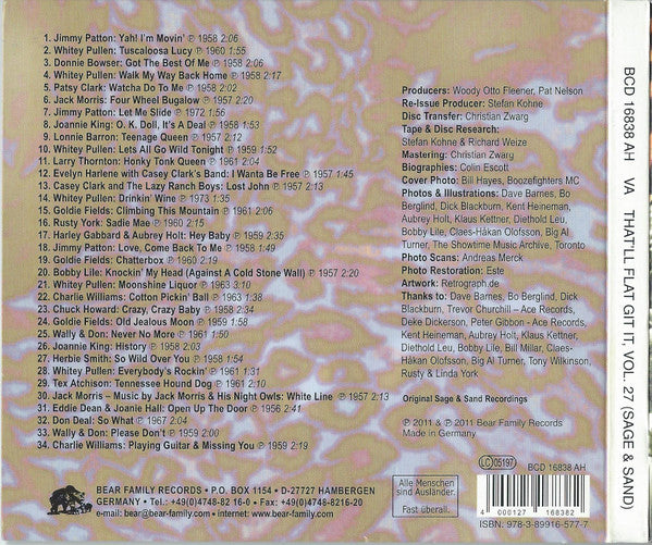 Image of Back Cover of CD - VG+/VG+ - VARIOUS, That'll Flat ... Git It! Vol. 27: Rockabilly & Rock N'Roll From The Vault Of Sage And Sand Records (Bear Family Records; BCD 16838 AH, Germany 2011, Digipak With Glued In Booklet), ,  - 4056314S