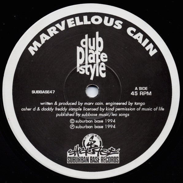 Image of Front Cover of 10" - /G - MARVELLOUS CAIN, Dub Plate Style (Suburban Base Records; SUBBASE47, UK 1995, Plain Sleeve), Pressing faults on each side cause occasional clicking. Marks on both sides of the disc. No Sleeve.,  - 4046299S