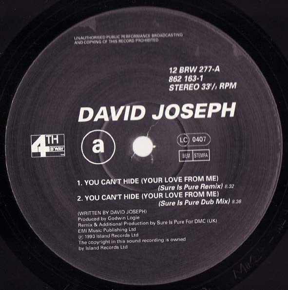 Image of Back Cover of 12" - VG+/VG - DAVID JOSEPH, You Can't Hide (Your Love From Me) (Sure Is Pure Remix) (4th & Broadway; 12 BRW 277, Europe 1993, Picture Sleeve), ,  - 4016575C