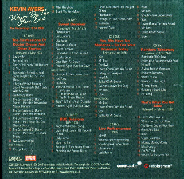 Image of Back Cover of 6xCD - EX/EX - KEVIN AYERS, Where Do The Stars End (The Recordings 1974-1980) (Esoteric Recordings; ECLEC62944, 	UK 2026, Box Set, Booklet), ,  - 3036228E