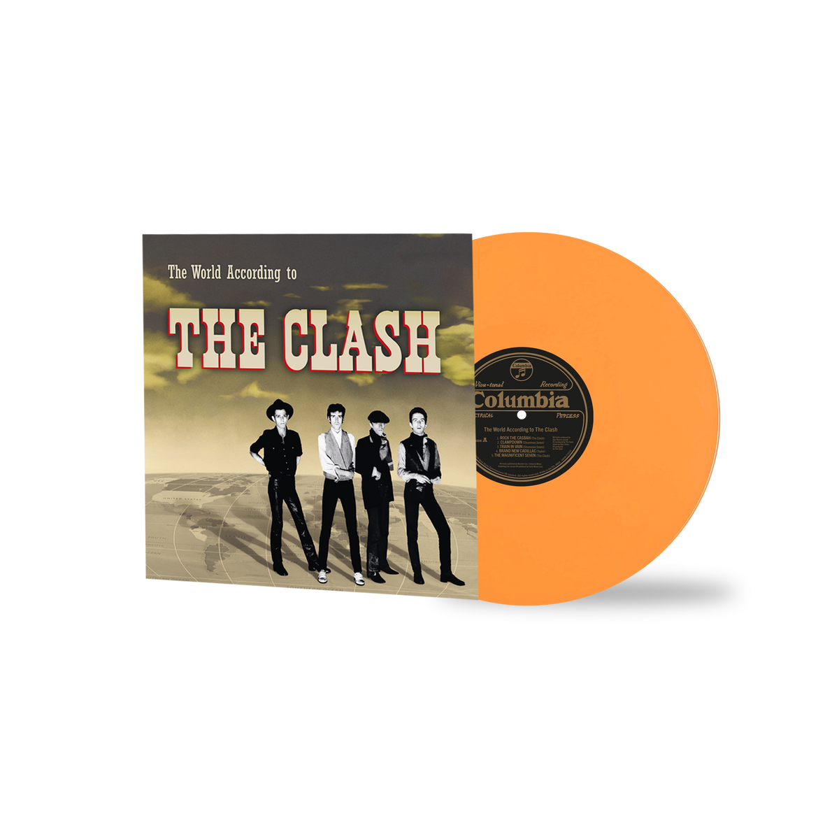 Image of Front Cover of LP - NEW/NEW - THE CLASH, The World According to The Clash (Sony / CMG; 19658775731, UK 2026 Reissue, Orange Vinyl), , Originally released in 1982 as a promotional radio-only vinyl; The World According to The Clash is finally getting its first ever official release! Featuring striking new artwork and 11 of the band's most celebrated tracks, this compilation now includes The Magnificent Seven, The Guns of Brixton and Spanish Bombs for the very first time. Reissued for a new generat