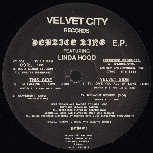 Image of Front Cover of 12" EP - /VG - DEBRICE KING FEATURING LINDA HOOD, Debrice King E.P. (Velvet City Records; VC 3041, US 1993), A few light marks,  - 4026400E