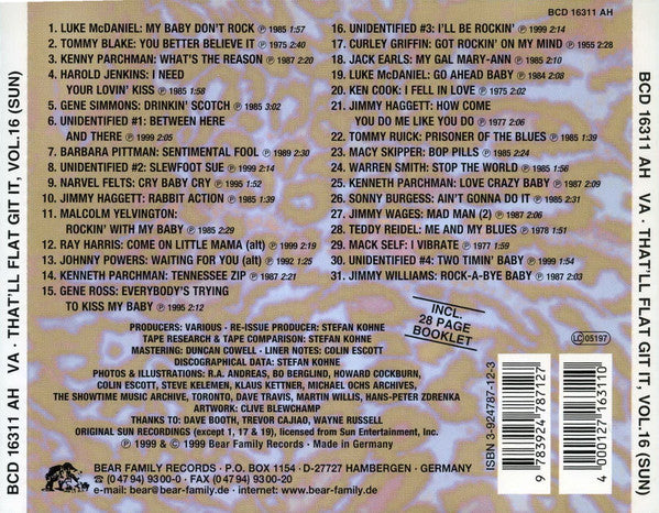 Image of Back Cover of CD - VG+/VG+ - VARIOUS, That'll Flat ... Git It! Vol. 16: Rockabilly From The Vaults Of Sun Records (Bear Family Records; BCD 16311 AH, Germany 1999, Jewel Case), ,  - 4056325S