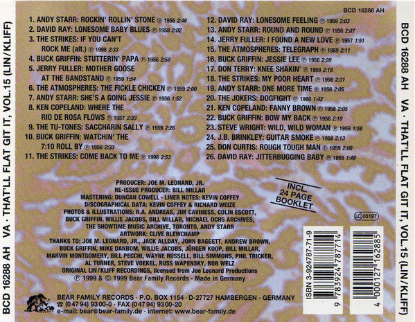 Image of Back Cover of CD - VG+/VG+ - VARIOUS, That'll Flat ... Git It! Vol. 15: Rockabilly From The Vaults Of Lin & Kliff Records (Bear Family Records; BCD 16288 AH, Germany 1999, Jewel Case), ,  - 4056326S