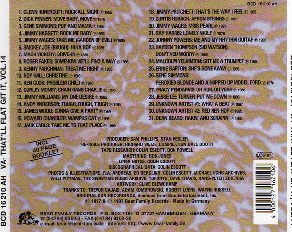 Image of Back Cover of CD - VG+/VG+ - VARIOUS, That'll Flat ... Git It! Vol. 14: Rockabilly From The Vaults Of Sun Records (Bear Family Records; BCD 16210 AH, Germany 1997, Jewel Case), ,  - 4056327S