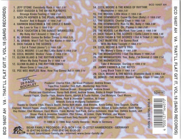 Image of Back Cover of CD - VG+/VG+ - VARIOUS, That'll Flat ... Git It! Vol. 18: Rockabilly From The Vaults Of Sarg Records (Bear Family Records; BCD 16407 AH, Germany 1999, Jewel Case), ,  - 4056328S