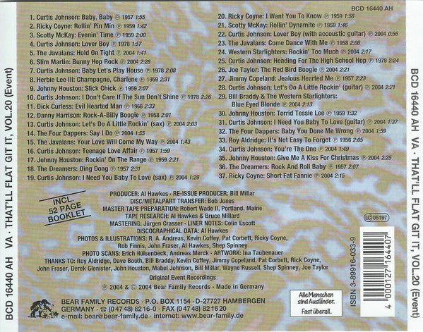 Image of Back Cover of CD - VG+/VG+ - VARIOUS, That'll Flat ... Git It! Vol. 20: Rockabilly From The Vaults Of Event Records (Bear Family Records; BCD 16440 AH, Germany 2004, Jewel Case), ,  - 4056330S