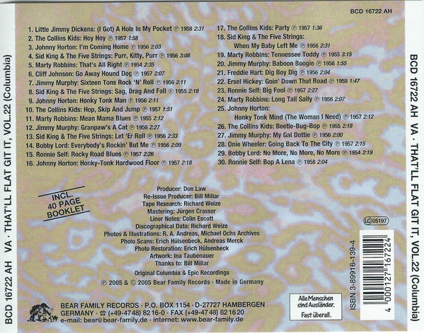 Image of Back Cover of CD - VG+/VG+ - VARIOUS, That'll Flat ... Git It! Vol. 22: Rockabilly From The Vaults Of Columbia Records (Bear Family Records; BCD 16722 AH, Germany 2005, Jewel Case), ,  - 4056331S