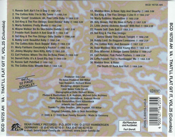 Image of Back Cover of CD - VG+/VG+ - VARIOUS, That'll Flat ... Git It! Vol. 25: Rockabilly From The Vaults Of Columbia Records (Bear Family Records; BCD 16725 AH, Germany 2005, Jewel Case), ,  - 4056332S
