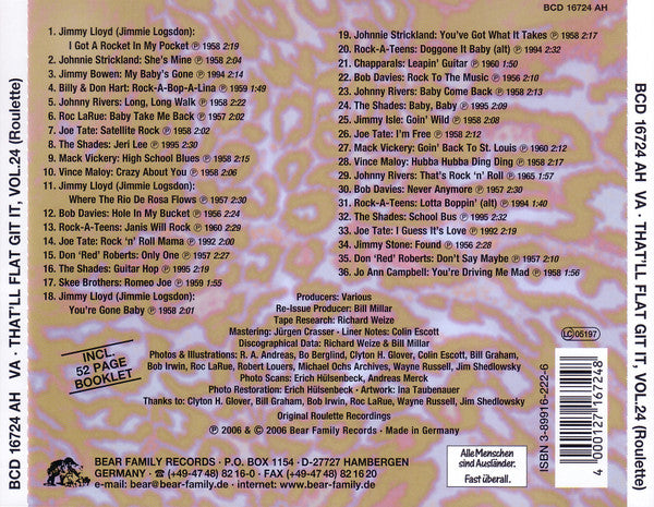 Image of Back Cover of CD - VG+/VG+ - VARIOUS, That'll Flat ... Git It! Vol. 24: Rockabilly From The Vaults Of Roulette Records (Bear Family Records; BCD 16724 AH, Germany 2006, Jewel Case), ,  - 4056333S