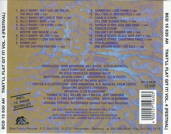 Image of Back Cover of CD - VG+/VG+ - VARIOUS, That'll Flat ... Git It! Vol. 4: Rockabilly From The Vaults Of Festival Records (Bear Family Records; BCD 15 630 AH, Germany 1994, Jewel Case), ,  - 4056334S