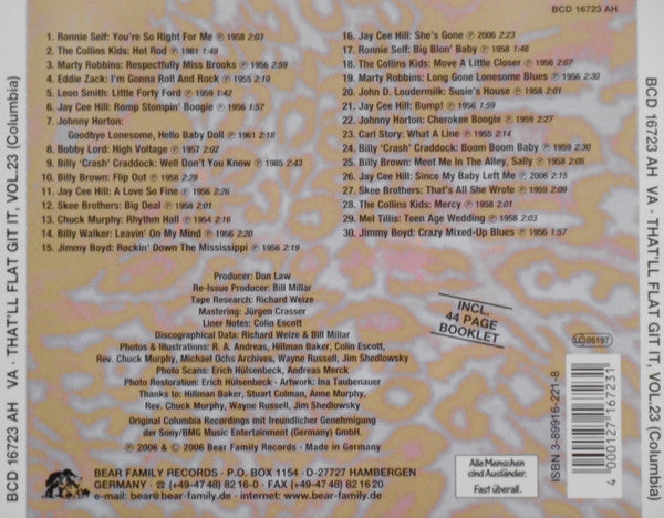 Image of Back Cover of CD - VG+/VG+ - VARIOUS, That'll Flat ... Git It! Vol. 23: Rockabilly From The Vaults Of Columbia Records (Bear Family Records; BCD 16723 AH, Germany 2006, Jewel Case), ,  - 4056335S