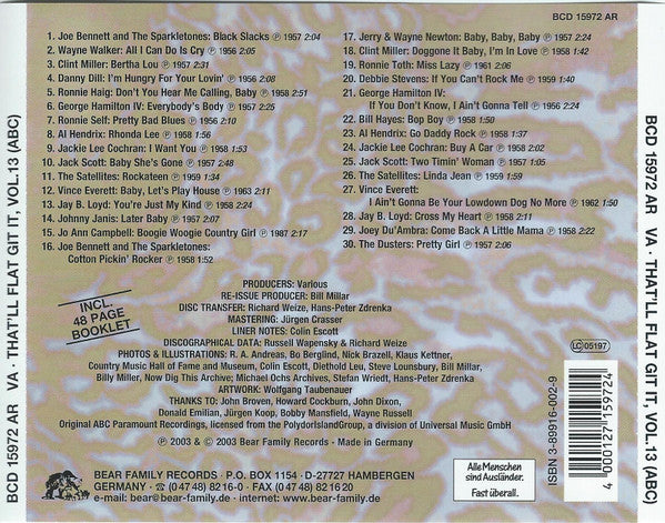 Image of Back Cover of CD - VG+/VG+ - VARIOUS, That'll Flat ... Git It! Vol. 13: Rockabilly From The Vaults Of ABC Records (Bear Family Records; BCD 15972 AR, Germany 2003, Jewel Case), ,  - 4056336S